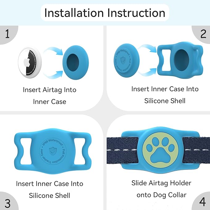 2-Pack Airtag Holder for Dog Collar, Waterproof Silicone Protective Case Cover, Anti-Lost Tracker Universal Fit for All Width Pet Collars (Blue with Night Glow&Rose Red with Night Glow)