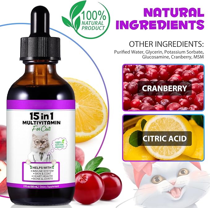 Liquid Multivitamin for Cat, 15 in 1 Cats Multivitamin Liquid Drops Supplements for Skin & Coat, Heart Health, Bones and Joint, Cat Vitamins with Glucosamine and MSM, Immune System Support -60ml