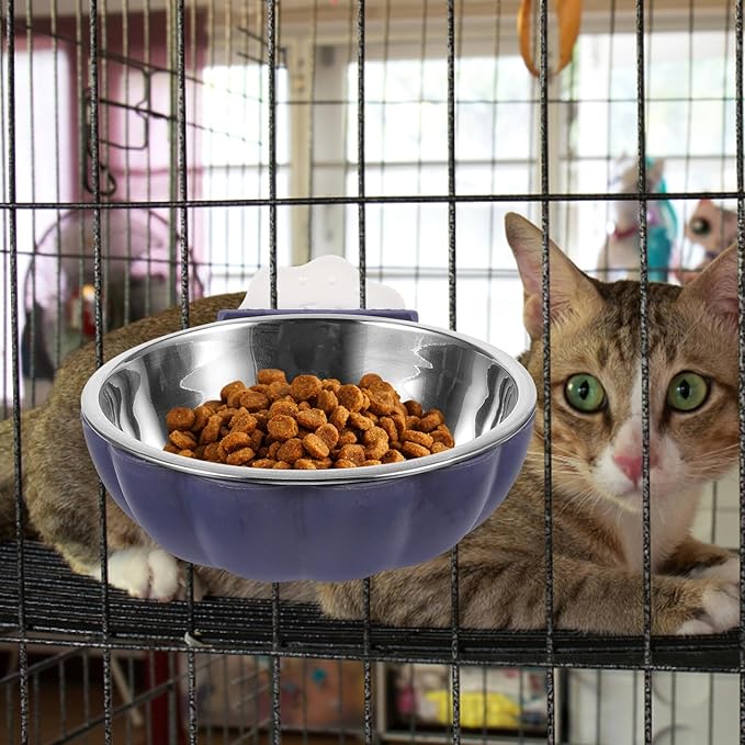 TEHAUX Hanging Pumpkin Pet Bowl Small Blue, Detachable Stainless Steel Dog and Cat Feeding Water Bowl for Crate and Cage Puppy Supplies