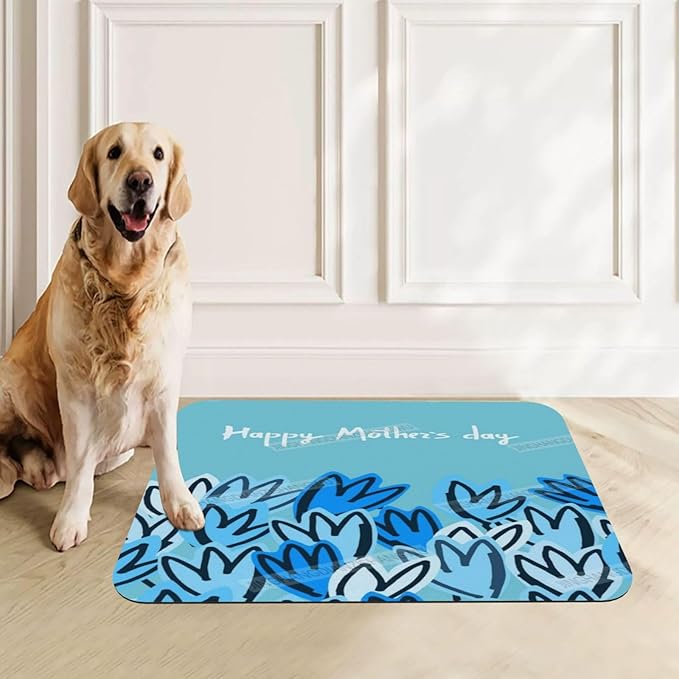 Pet Feeding Mat Happy Mother's Day Floral Gift Mom Blue Heart Dog Food Mat for Food Water No Stains Quick Dry Dispenser Cat Bowl Mats for Messy Drinkers 24x16In