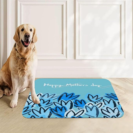 Pet Feeding Mat Happy Mother's Day Floral Gift Mom Blue Heart Dog Food Mat for Food Water No Stains Quick Dry Dispenser Cat Bowl Mats for Messy Drinkers 24x16In