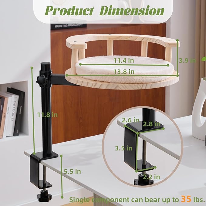 BYBYME Cat Desk Bed for Indoor Cats with Adjustable Height & 360° Rotation, Wooden Desk Kitty Nest for or Office Desks Home Tables, Wooden Desktop Kitten Furniture, 14" in Diameter (Light Oak)