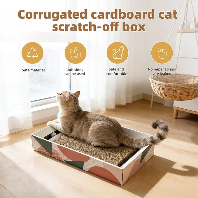 Corrugated Cardboard Cat Scratcher Box with Bell Toy - Double-Sided Wear-Resistant Scratching Pad, Multi-Use Cat Bed & Scratch Mat, Mess-Free Safe Material for Indoor Cats