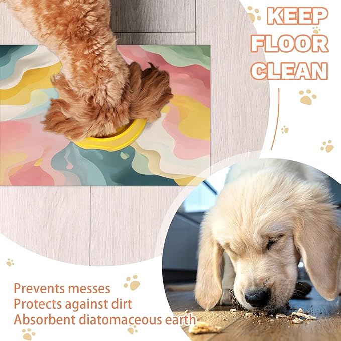 Pink Green Marble Dog Food Mat for Floors Absorbent, Quick Dry Water Dispenser Mat for Food, Water, Pet Supplies 17" x 30", Modern Abstract