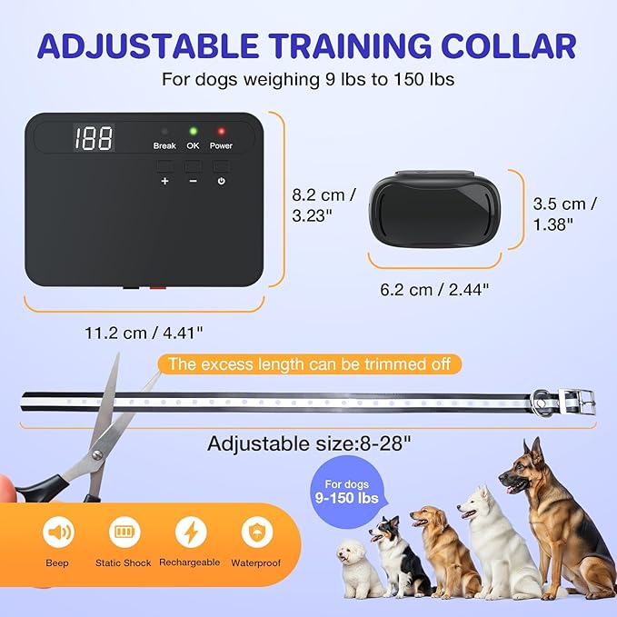 Electric Dog Fence System, Waterproof Collar Receiver, With 656Ft Underground/Aboveground Boundary Wire Wired Pet Containment System with Adjustable Static/Tone Correction for Small Medium Large Dogs