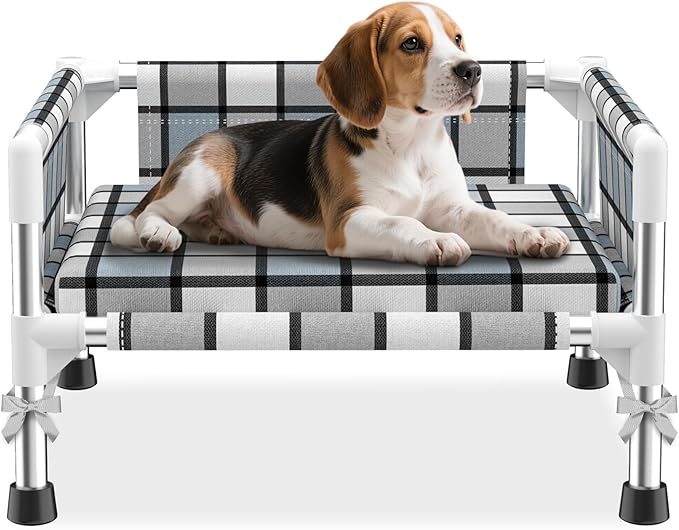 Elevated Raised Outdoor Dog Bed - Cooling Washable Dog Cot with Guardrail, Durable & Breathable Cotton Mesh Pet Hammock Beds with Stainless Steel Pipe Frame for Small Pets (Cushion-S)
