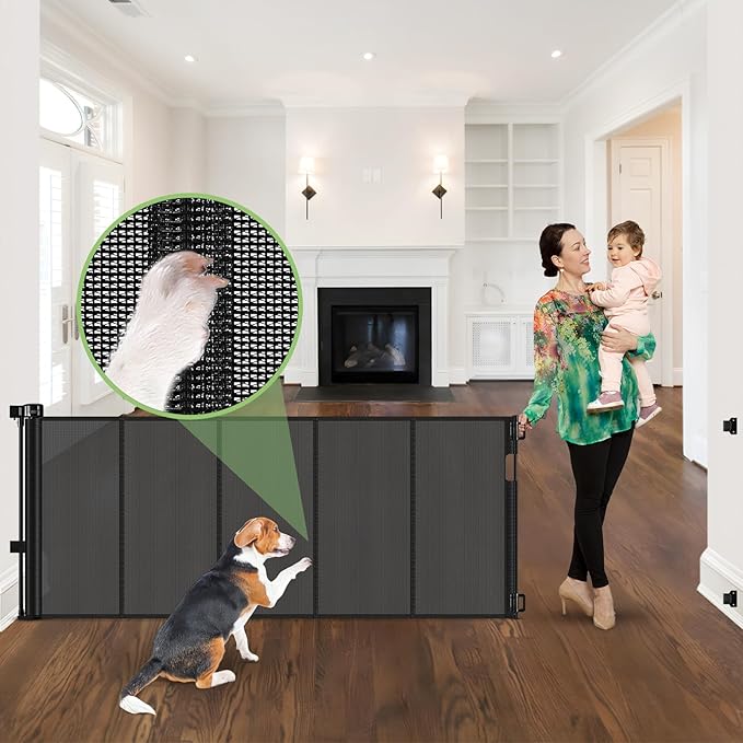 96 Inch Wide Reinforced Retractable Baby Gate with Support Rods, Extra Long Dog Gate Retractable Gate Outdoor Gates for Decks, Prevent Crawling Under Extra Long Baby Gates for Large Openings, Black