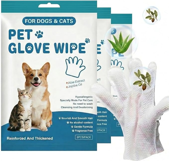 Thickened Pet Bath Glove Wipes, No-Rinse Deodorizing Wipes for Dogs & Cats, Hypoallergenic & Fragrance-Free, Waterless Full-Body Cleaning for Daily Care & Travel, 3 Pack, 18PCS