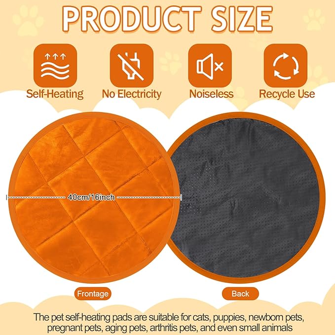 2 Pcs Self Warming Cat Mat Round Self Heating Pad Bed Reversible Machine Washable Heated Bed Anti Slip Warming Pad Pet Mat for Cat Crate Indoor Outdoor(Orange,16 Inch)