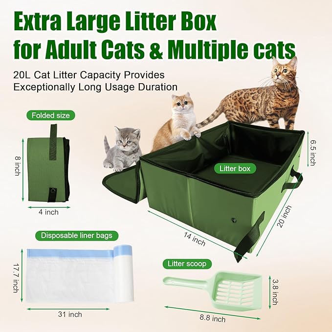 20x14x6.5 Inches, Large Portable Cat Travel Litter Box with Zipped Lid & 10 Liners, Leak-Proof, Lightweight, Sturdy & Waterproof and Foldable Travel Cat Litter Box for Hotels, Car, & Camping