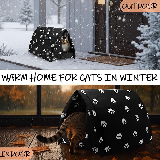 Winter Outdoor Cat House with Self Warming Pad Blanket 17'' x 12'' Weatherproof Foldable Feral Cat Shelter Waterproof Outside Warm Bed Cave Tent for Dogs Puppy Wild Animal Indoor Home