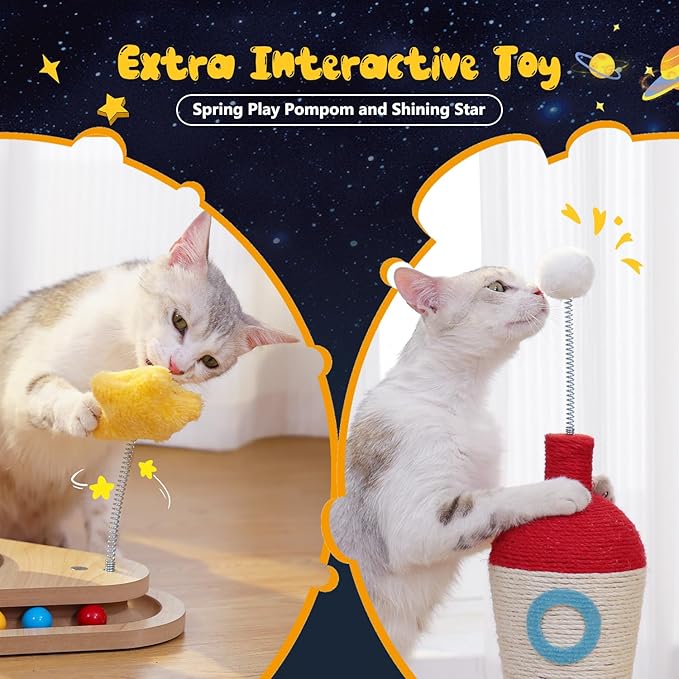 PETEPELA Cat Scratching Post, Rocket Sisal Cat Scratcher, 24.8'' Cute Scratching Post with 2-Layers Wooden Track Cat Toys & Spring Pompom for Indoor Cats Adults
