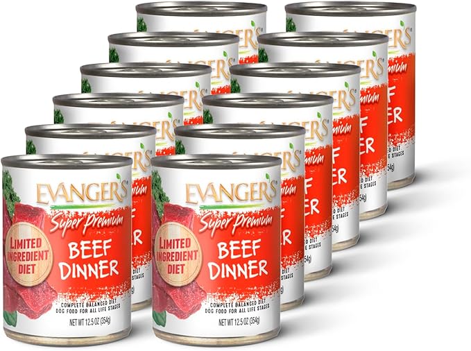 Evanger's Super Beef Dinner for Dogs – 12 Count, 12.5 oz Each – Grain Free Wet Dog Food with Spinach & Kale – All Life Stages – Limited Ingredient Diet