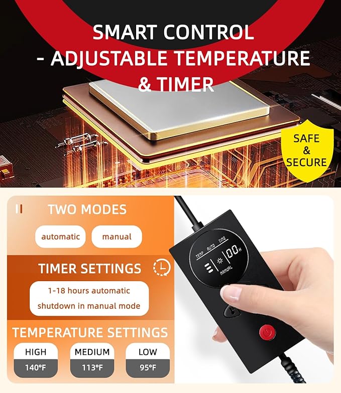 Pressure Activated Pet Heating Pad 18 x 15,Gravity Sensing,Automatic or Manual Mode,Heated Dog Bed with Timer,Adjustable Temperature