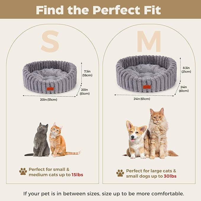 Avont Fluffy Cat Bed for Cats & Small Dogs, Cozy Plush Sleeping Nest for All Sleep Styles, Washable Removable Cushion & Anti-Slip Base, Calming Round Bed for Kittens &Puppy – Grey(M)
