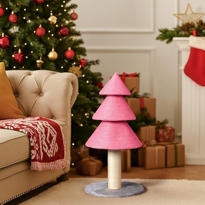 31.5in Christmas Tree Cat Scratcher, Cat Scratching Post for Indoor Cats, Large Sisal Cat Scratching Tree Cat Scratch Tower, Pink