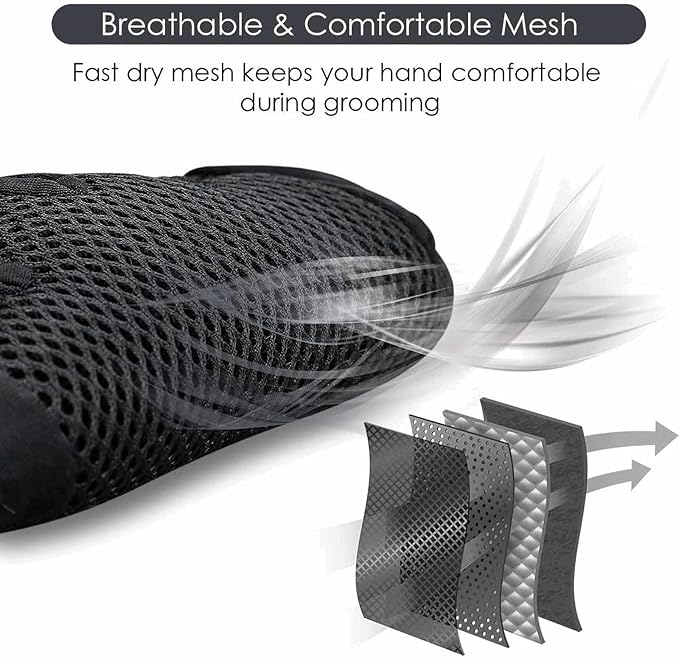 Premium Pet Grooming Gloves, Silicone Massage Brush for Dogs and Cats, Adjustable Size 9.13x6.77 Inch, Hair Removal and Bathing Tool (Black)