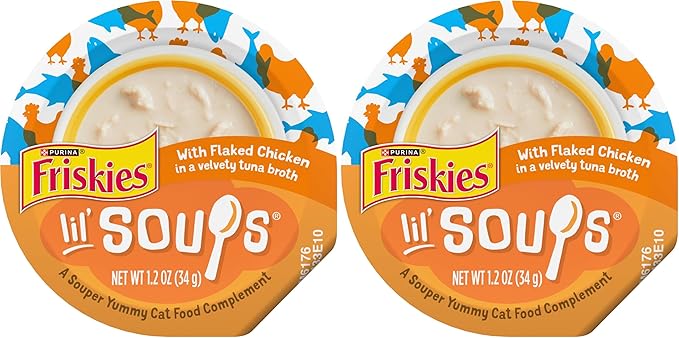 Friskies Purina Natural,Grain Free Wet Cat Food Lickable Cat Treats,Lil' Soups Flaked Chicken - 1.2 oz. Tubs,(Pack of 16)