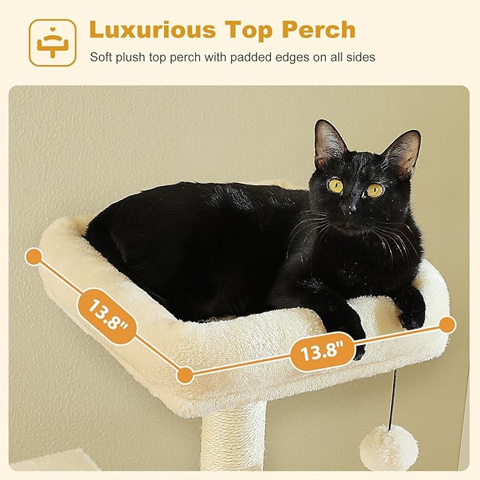 Cat Tree for Indoor Cats, 62" Multi-Level Cat Tower with 2 Spacious Condos, Scratching Pad, 4 Cat Scratching Posts, 2 Top Perches, 2 Pompoms, Beige