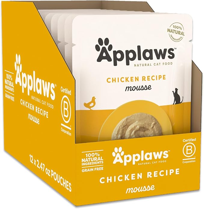 Applaws Natural Wet Cat Food in Mousse, Limited and Natural Ingredients, Grain-Free, High Protein with No Artificial Additives, Chicken (12 x 2.47oz Pouches)