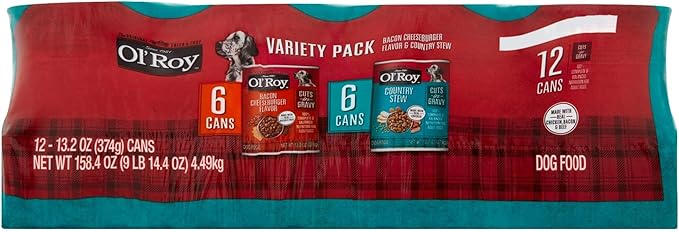Ol's Roys Wet Dog Food Variety Pack, Bacon Cheeseburger Flavor & Country Stew Cuts in Gravy, 13.2 oz Cans, 12 Cans, Savory Beef, Chicken, Real Meat, Rich Gravy, Complete Nutrition
