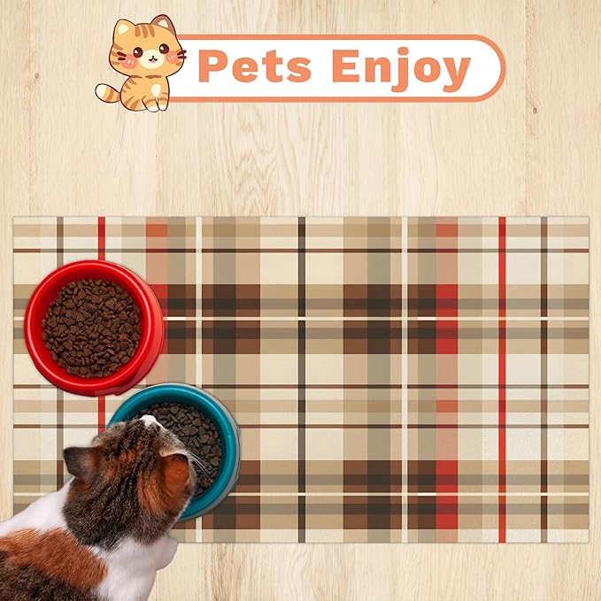 Plaid Dog Food Mat for Floors Absorbent, Quick Dry Water Dispenser Mat for Food, Water, Pet Supplies 12" x 20", Checkered Linen