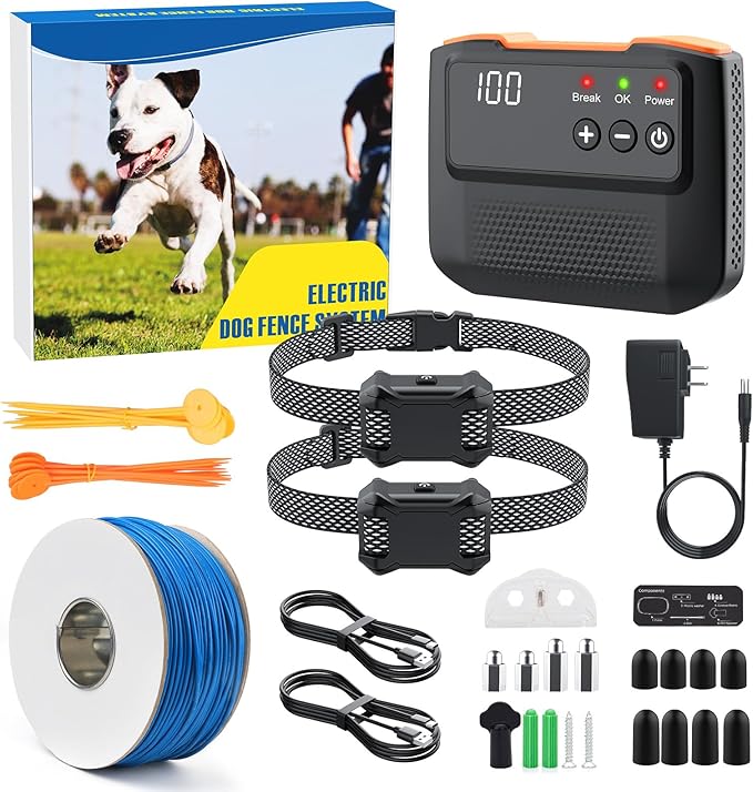 Electric Fence for Dogs, Rechargeable Underground Dog Fence System with 650FT Wire, 2 Waterproof Training Collar, Covers up to 1/2 Acre, Wired Dog Fence System for 2 Dogs