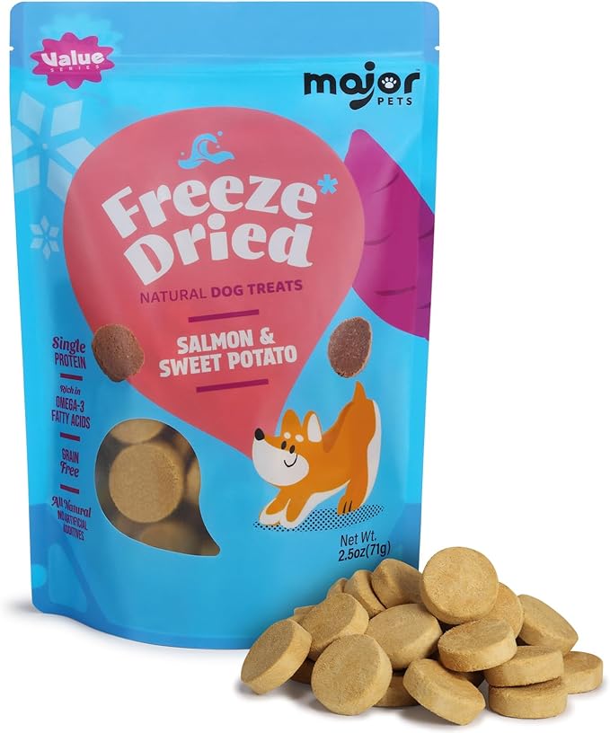 MAJOR PETS Freeze Dried Dog Treats, Wild-Caught Salmon & Sweet Potato, Omega 3 for Skin & Coat Support, Limited Ingredient High Protein Grain Free Training Reward & Meal Topper, Made in the USA, 2.5oz