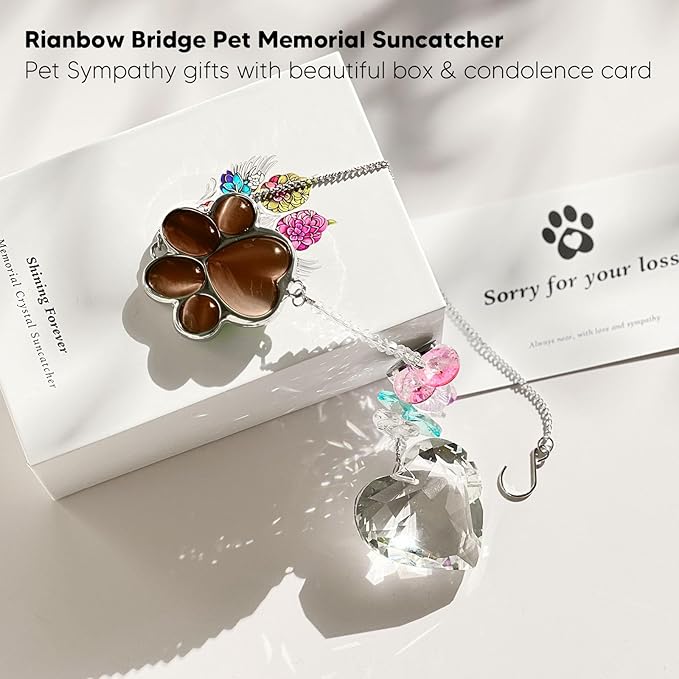Pet Memorial Suncatcher - Dog Memorial Gifts, Pet Loss Sympathy, Thoughtful Dogs and Cats Condolence Bereavement Remembrance Gifts, Chrysoberyl Cat's Eye Stone Paw Crystal Suncatcher