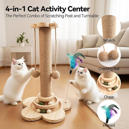 Cat Scratching Post, 4 in 1 Wooden Cat Scratcher Toy, 18.11" Tall Scratch Post with 2 Level Cat Track Balls, Interactive Feather Toy and 2 Sisal Hanging Balls for Indoor Kittens, Adult Cats