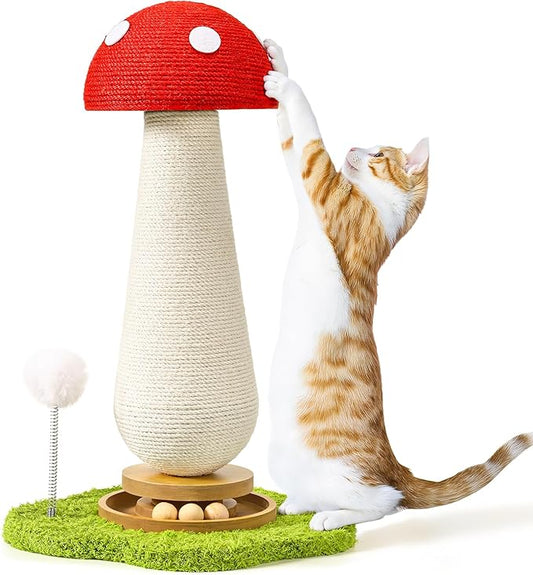Cat Scratching Post, Mushroom Cat Scratcher with Interactive Ball Track Spring Ball Toys Cute Sisal Scratchers Post for Indoor Adults Kitten with Stable Base