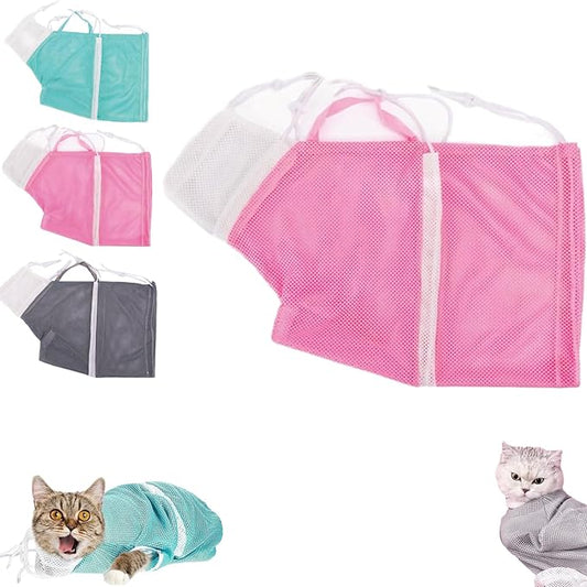 Multifunctional Cat Mesh Bathing Bag, Anti-Bite and Anti-Scratch with Zipper and Drawstrings, Adjustable Breathable Polyester Mesh Restraint for Bathing, Nail Trimming (Pink)