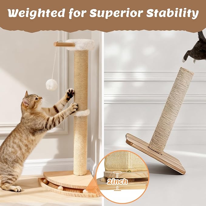 Cat Corner Scratcher with Interactive Ball Toys for Indoor Cats, Sisal Cat Scratching Post with Danging Ball for Wall Corners Furniture Protector 28''