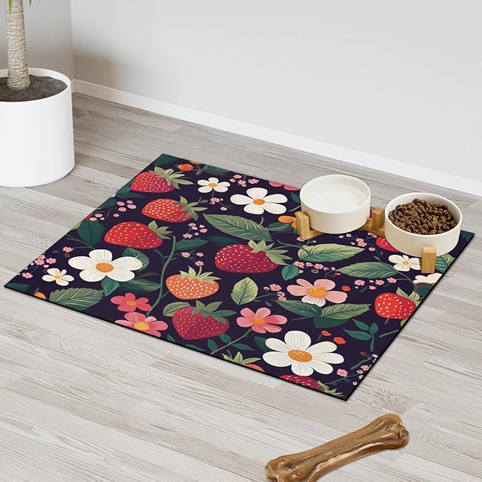 Strawberry Dog Food Mat for Floors Absorbent Dog Bowl Mat for Food and Water Dispenser Quick Dry Cat Food Placemat Pet Supplies 17" x 30", Spring Floral