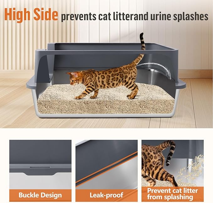 Extra Large Stainless Steel Litter Box, XXXL 27.6" H x 19.7" W x 11.8" H Metal High Sided Cat Litter Box with Scoop, Leak-Proof, Easy Clean for Big Cats/Multiple Cats (Dark Grey)