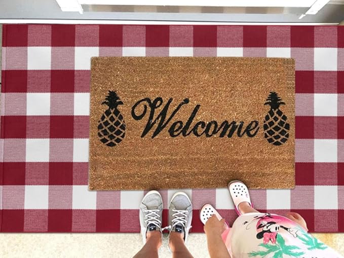 KOZYFLY Buffalo Plaid Rug 3x5 Ft Red and White Checkered Rug Christmas Halloween Fall Door Mat Woven Cotton Washable Area Rugs Door Mat Outdoor Entrance for Front Porch Entryway