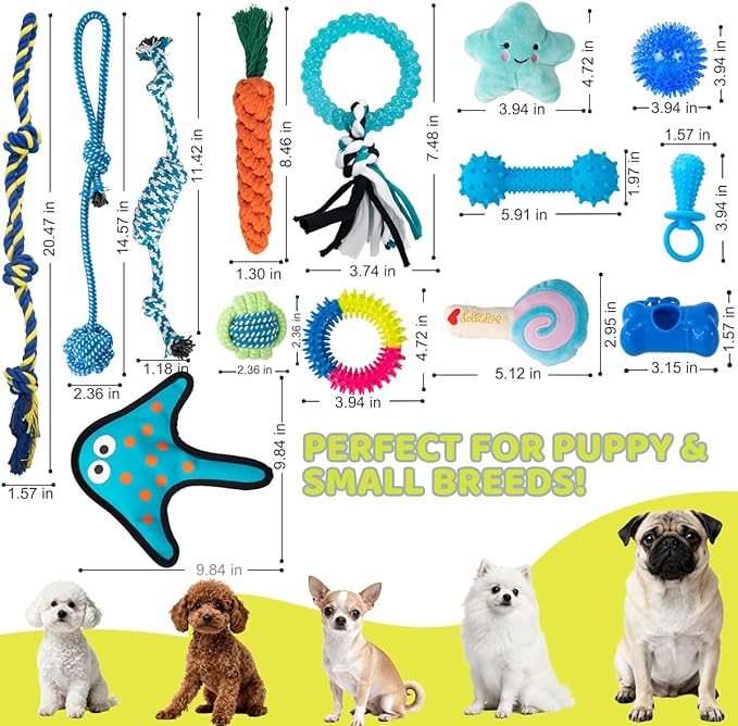 Puppy Chew Toys for Teething- 14pcs Interactive Pet Toy Set for Small Breed with Squeaky Rope Ball Toys - Birthday Gifts for Dogs