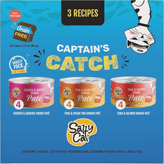 Salty Cat Captain’s Catch Dinner Paté Variety Pack Cat Food for Cats, 12 Cans (3 oz Each)