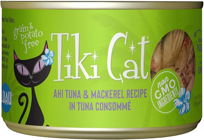 Tiki Cat Luau Shredded Meat, Ahi Tuna & Mackerel Recipe in Tuna Consumme, Grain-Free Balanced Nutrition Wet Canned Cat Food, For All Life Stages, 6 oz. Cans (Pack of 8)