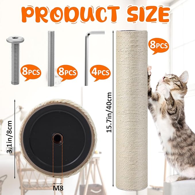 8 Pcs M8 Cat Scratching Post Replacement 15.7x3.1'' Sisal Pole Cat Tree Climbing Post Replacement with Screw, Refill Scratcher Pole for Indoor Kitten Tree Tower Spare Pet Furniture Protector