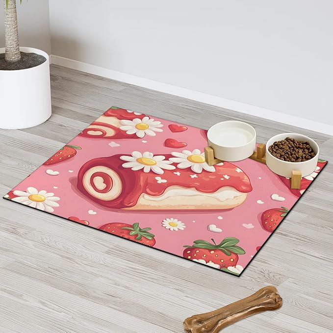 Swiss Roll Dog Food Mat for Floors Absorbent Dog Bowl Mat for Food and Water Dispenser Quick Dry Cat Food Placemat Pet Supplies 16" x 24", Daisy Flower