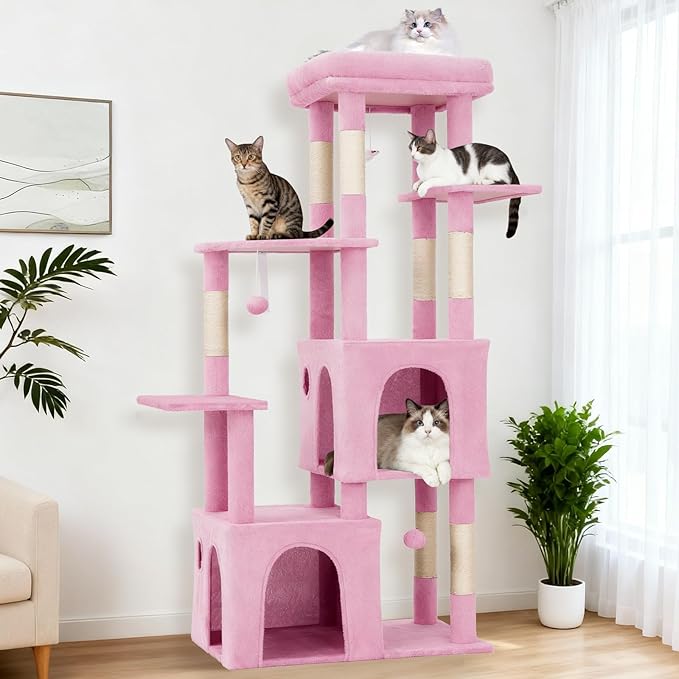 GarveeLife 61" Multi-Level Cat Tree for Indoor Cats, Heavy-Duty Tower for Large Adult & Maine Coon Cats with Oversized Perch, Dual Condos, Natural Sisal Scratching Posts & Play Toys – Pink