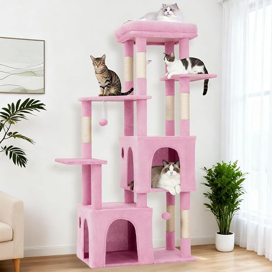GarveeLife 61" Multi-Level Cat Tree for Indoor Cats, Heavy-Duty Tower for Large Adult & Maine Coon Cats with Oversized Perch, Dual Condos, Natural Sisal Scratching Posts & Play Toys – Pink