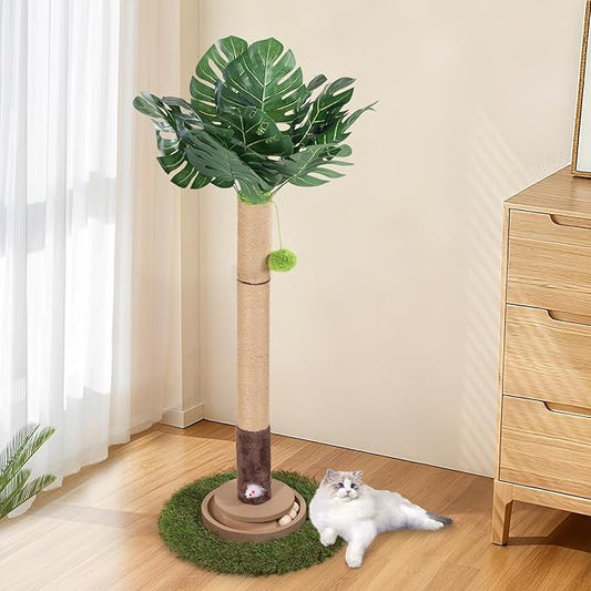 Cat Scratching Post, 35 Inch Tall Cat Scratcher Cat Tree Tower with Hanging Ball for Indoor Cats Adults,Monstera Leaf,Sisal Rope Kitten Scratch with Interactive Mouse Cat Toy