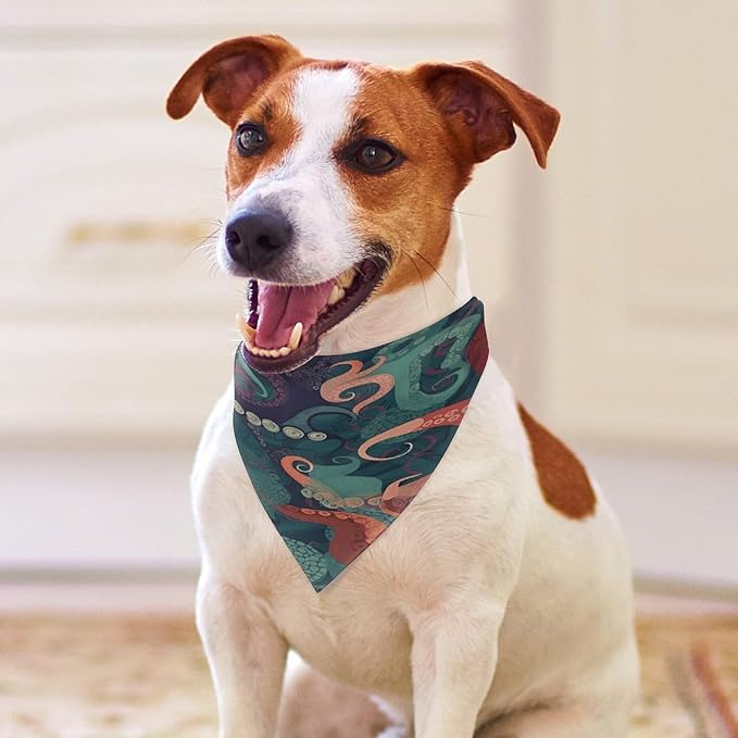 Dog Bandana Spring Pet Scarf Adjustable Triangle Abstract Octopus Printing Dog Bib Washable Polyester Puppy Bandana for Small Medium Large Dogs Cat Birthday Party Supplies