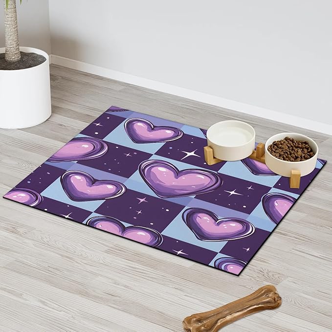 Love Heart Dog Food Mat for Floors Absorbent, Quick Dry Water Dispenser Mat for Food, Water, Pet Supplies 24" x 32", Buffalo Plaid