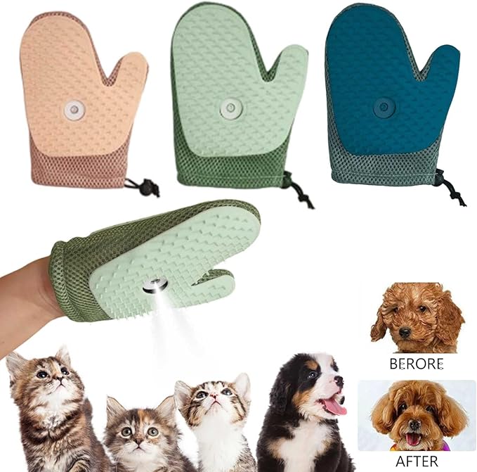 All-in-One Grooming Mist Glove for Pets - 4-in-1 Electrostatic Deshedding Glove with Thickened Padding, Clothing & Car Seats - Upgraded Technology for Cats/Dogs - Machine Washable (Blue)