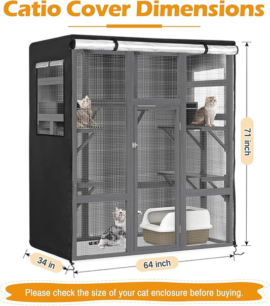 Catio Cover,64"L x 34"W x 71"H Cover for Catio Outdoor Cat Enclosure Waterproof, 420D Cat Cage Covers for Nyeekoy Large Wood Catios, Outdoor Cats Enclosure Covers(Black)(Catios Not Included)