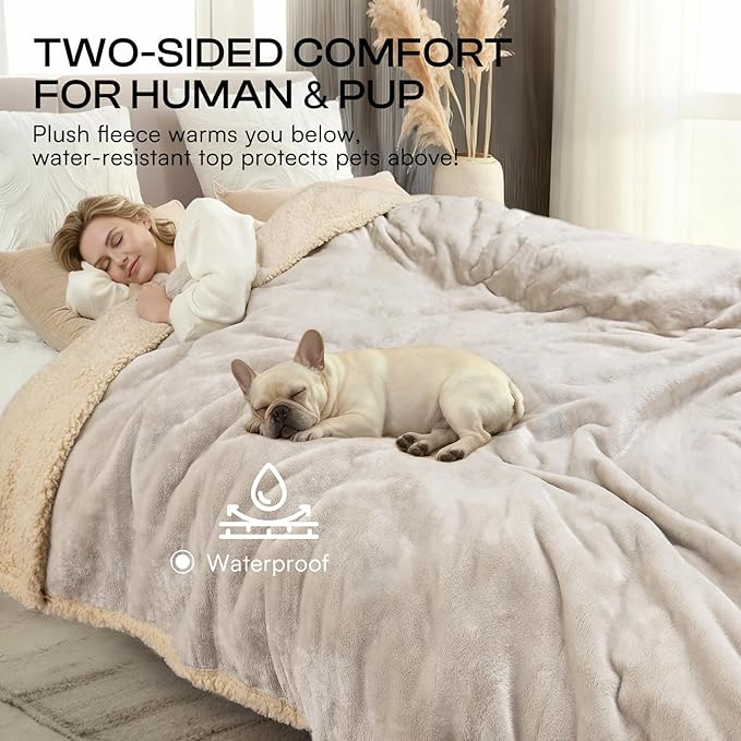 Luciphia Waterproof Pet Blanket, Liquid Pee Proof Dog Blanket for Sofa Bed Couch, Reversible Sherpa Fleece Furniture Protector Cover for Small Medium Large Dogs Cats, Grey Beige X-Large（85" x 57"）