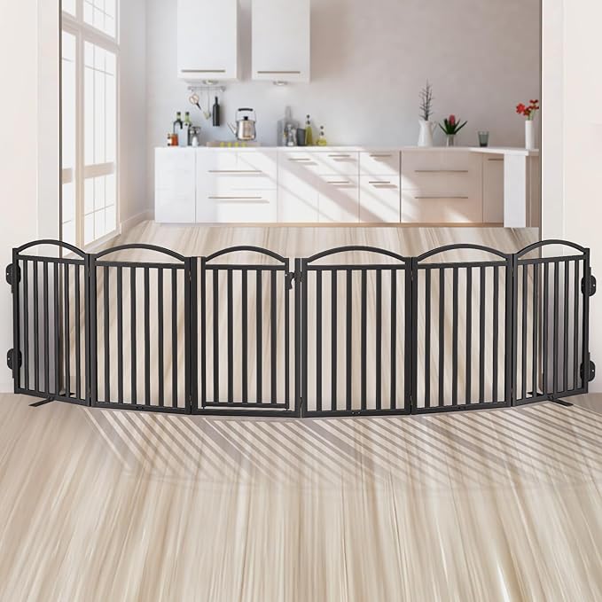 Malier Metal Freestanding Dog Gates with Door, 32'' Height Outdoor Indoor Dog Fences, Extra Wide Foldable Puppy Gate for Stairs (Black, 【6 Panels with Door】 120''W × 32''H)